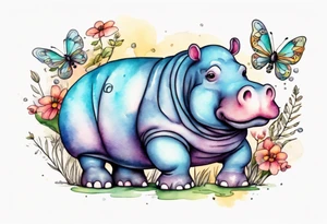 Whimsical tattoo of a hippo and a bug. Colorful and cute tattoo idea