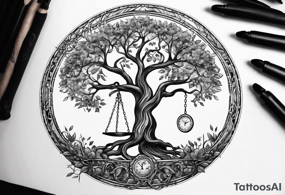 tattoo drawing of a circle of life tree coming out of an hour glass tattoo idea