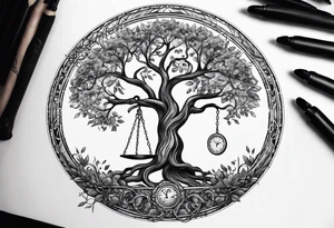 tattoo drawing of a circle of life tree coming out of an hour glass tattoo idea