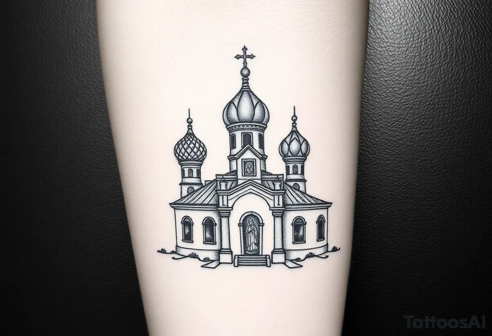in a dorsal view a detailed medium sized country style orthodox church with onion domes and a band at the front with mist shrouding the top and fading into a virgin mary overlooking above at the top tattoo idea
