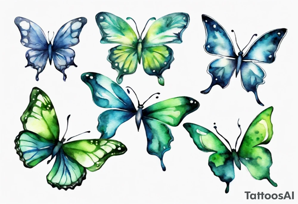 4 small blue and green butterflies tattoo idea