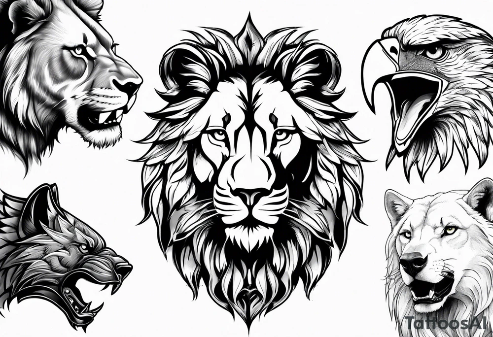 Face of a 1 Lion, an eagle, and 1 wolf tattoo idea