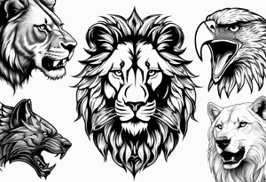 Face of a 1 Lion, an eagle, and 1 wolf tattoo idea