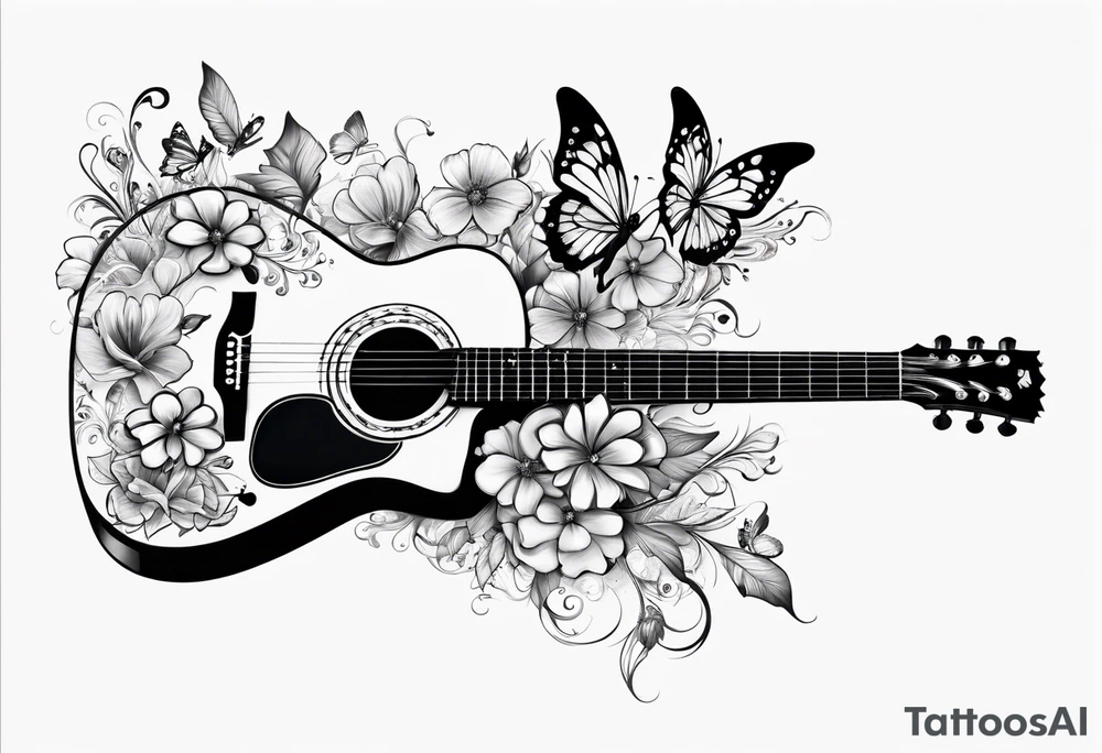 Guitar with flowers growing off the side, butterflies, small tattoo idea