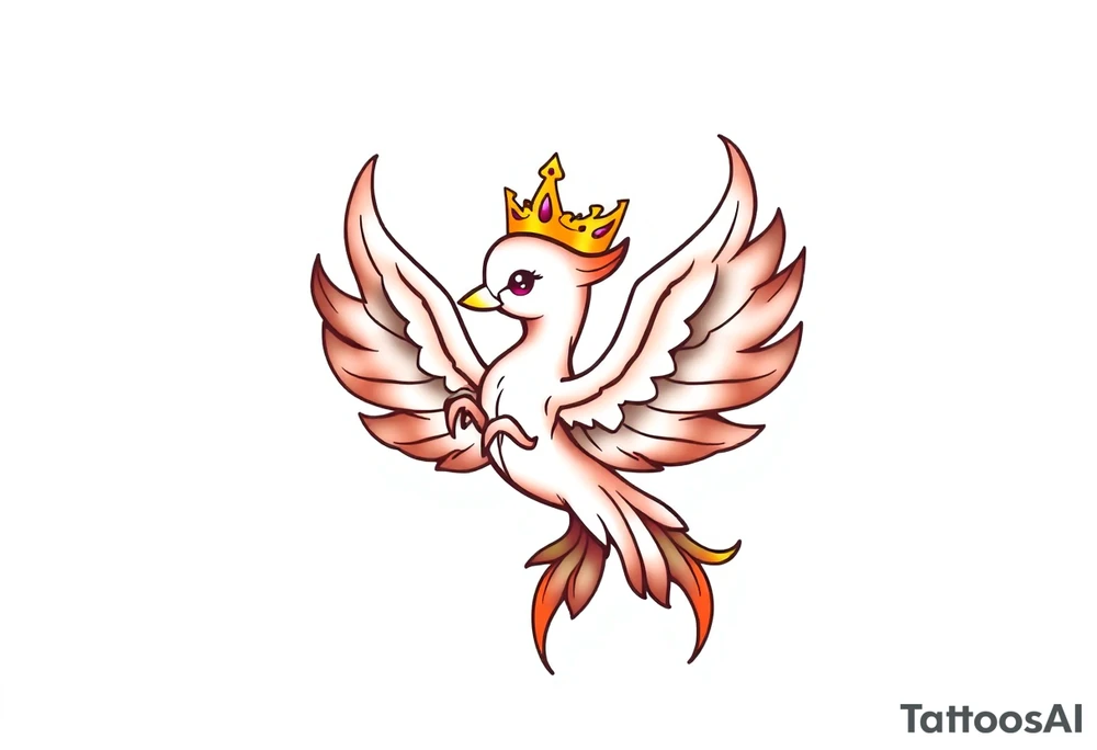 cute cartoon Phoenix with crown, surrounded by flames tattoo idea