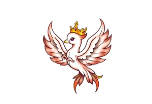cute cartoon Phoenix with crown, surrounded by flames tattoo idea