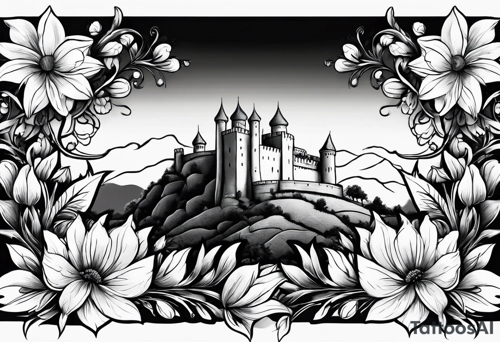 božur flowers mixed with niš fortress tattoo idea