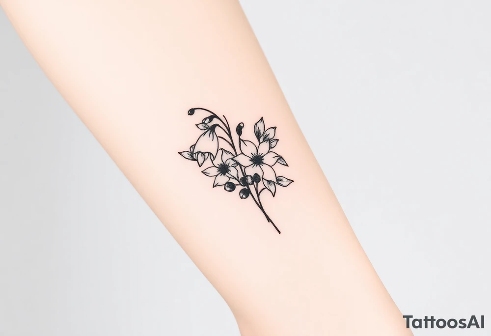 Bouquet of birth months flowers Lilly of the valley, daffodil, larkspur and Ilex aquifolium with berries tattoo idea