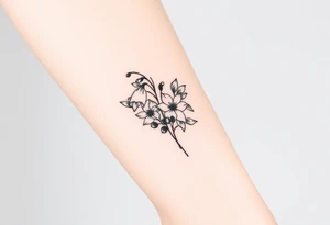 Bouquet of birth months flowers Lilly of the valley, daffodil, larkspur and Ilex aquifolium with berries tattoo idea