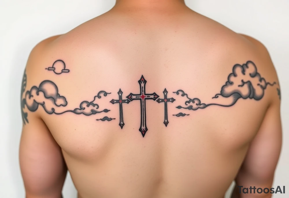 Red and black ink  tattoo on left inner arm with bible verse background clouds and 3 crosses one red in the middle of wrist  under a chosen wrist tattoo before the hand/palm 

On left forearm tattoo idea