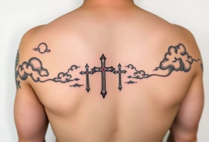 Red and black ink  tattoo on left inner arm with bible verse background clouds and 3 crosses one red in the middle of wrist  under a chosen wrist tattoo before the hand/palm 

On left forearm tattoo idea