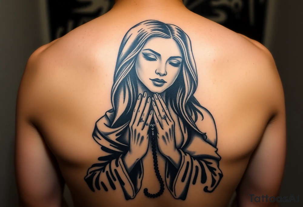 Chicano style woman with praying hands and rosary in hands tattoo idea