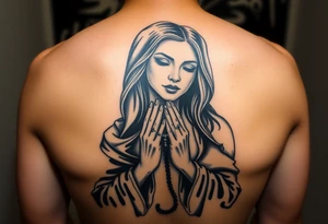 Chicano style woman with praying hands and rosary in hands tattoo idea