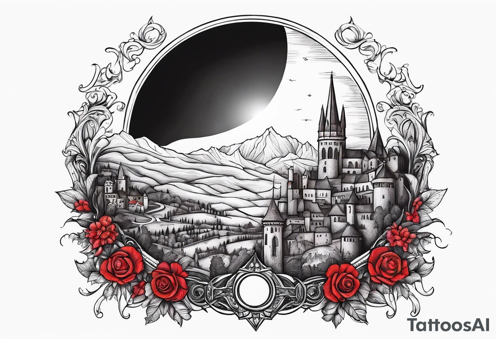 black solar eclipse with red light shining behind it, dark fantasy landscape/medieval city tattoo idea