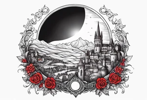 black solar eclipse with red light shining behind it, dark fantasy landscape/medieval city tattoo idea
