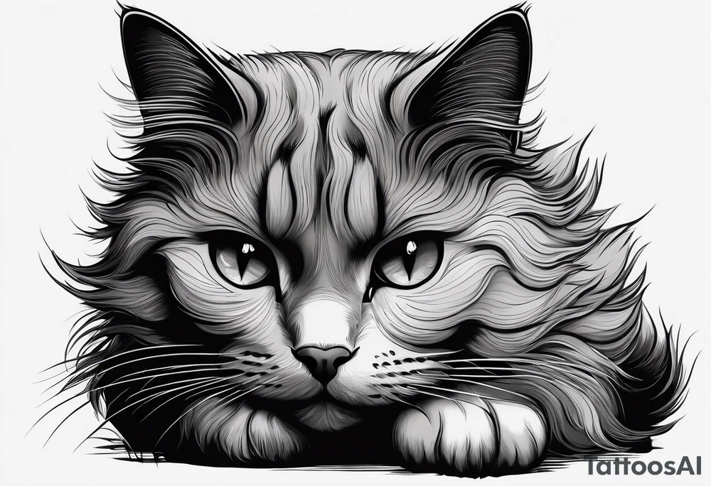 Simple line drawing of a grey cat white some small white patches on her belly and white paws. Face is all grey.  I want her curled up sleeping. tattoo idea