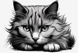 Simple line drawing of a grey cat white some small white patches on her belly and white paws. Face is all grey.  I want her curled up sleeping. tattoo idea