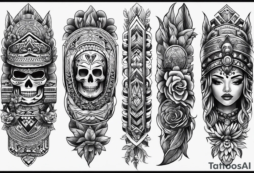 Appalachia Mexican heritage tattoo full arm sleeve, no portraits, more geometric patterns tattoo idea