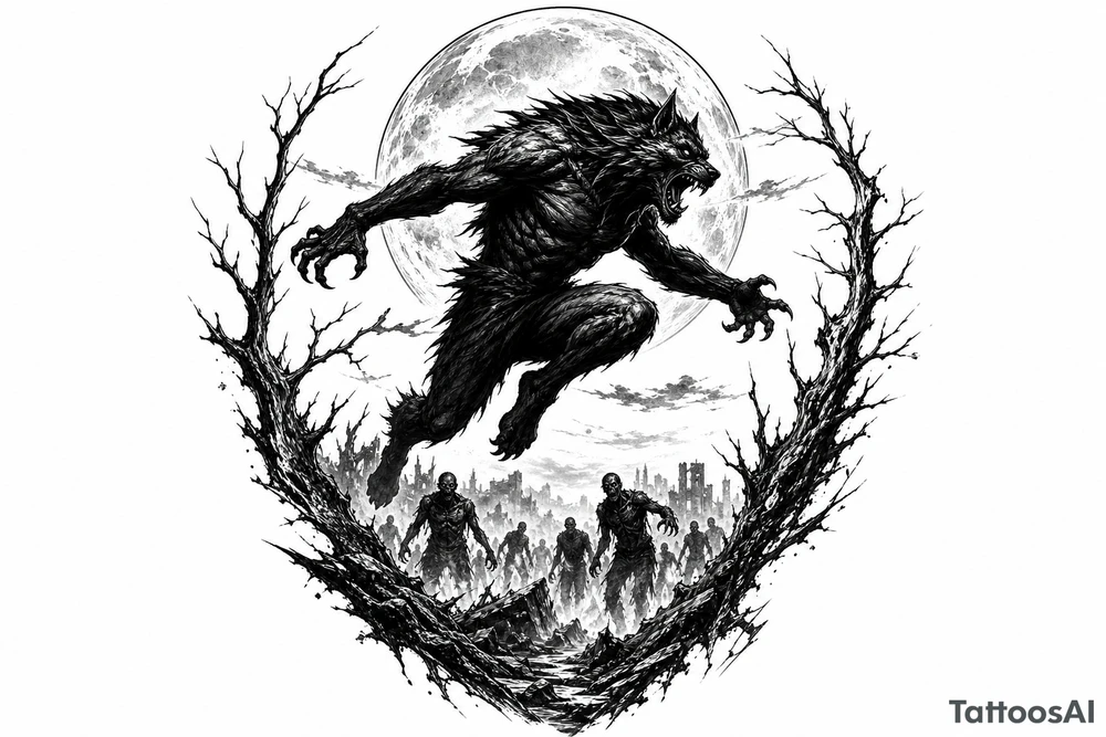 Silhouette of a werewolf leaping, full moon overhead, distant zombie horde. tattoo idea