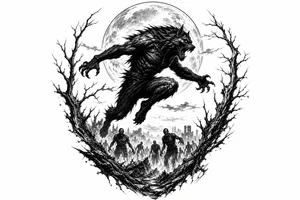 Silhouette of a werewolf leaping, full moon overhead, distant zombie horde. tattoo idea