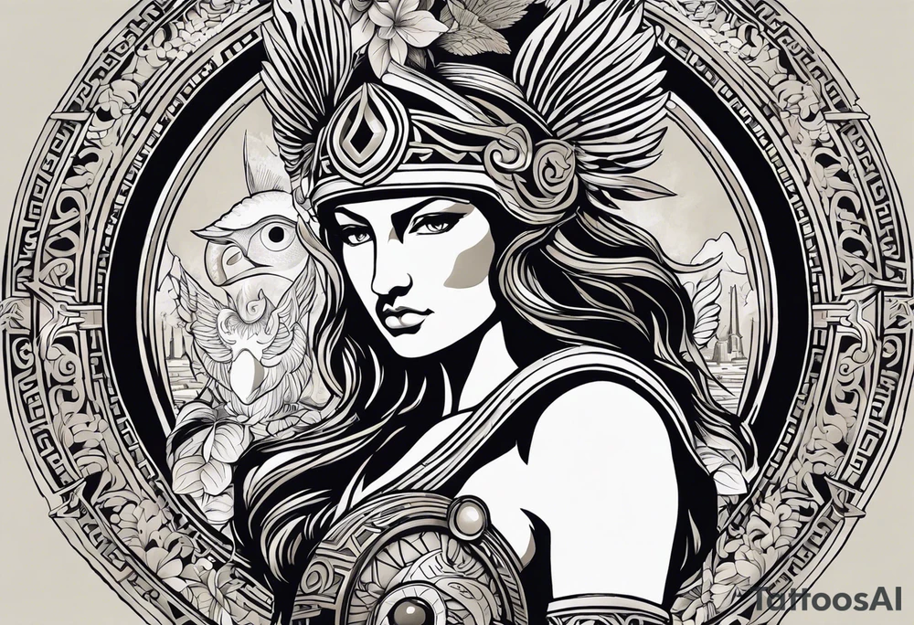 A stunning tattoo depicting elements of Greek mythology. At the center is Athena, the goddess of wisdom and warfare, portrayed in a three-quarter view with her helmet and spear. Her gaze is fierce yet wise, embodying her dual nature. Surrounding her are intricate details of olive branches, symbolizing peace, and an owl perched on her shoulder, representing wisdom. Below Athena, the majestic Mount Olympus rises, with clouds swirling around its peak. On one side, the powerful figure of Zeus wields his thunderbolt, while on the other side, Poseidon commands the seas with his trident. In the background, faint outlines of the Parthenon and other ancient Greek temples add depth to the scene. The entire design is done in fine black and grey shading, with hints of gold to accentuate the divine elements, creating a timeless and powerful piece.

This description should give a detailed idea for a tattoo artist to create a piece inspired by Greek mythology. tattoo idea