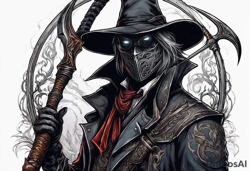 Bloodborne hunter, holding  scythe, howling tattoo idea