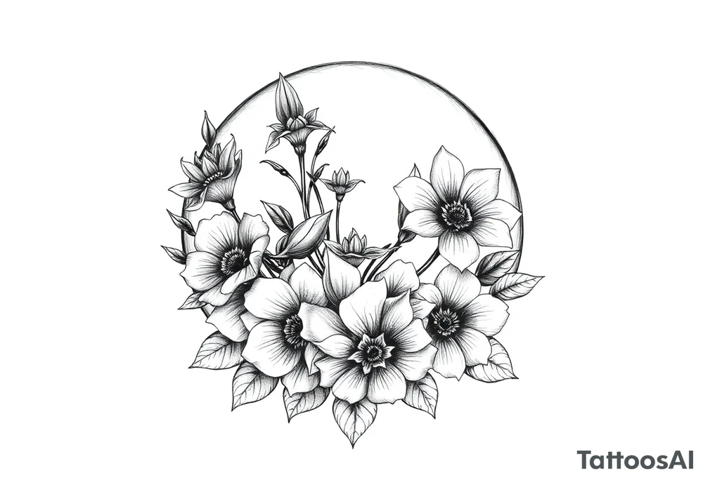 moon-shaped diferent flowers tattoo idea