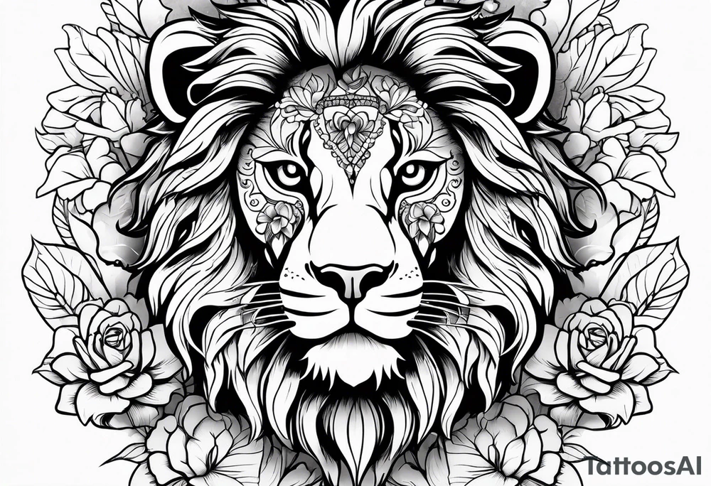 Lion, sugar skull,  flower tattoo idea