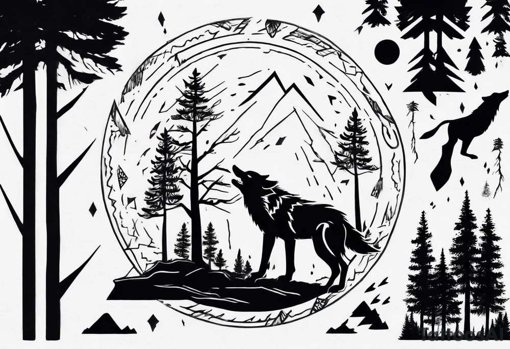 lightning over forest with wolf howling on drum tattoo idea lightning over forest with wolf howling on drum tattoo idea