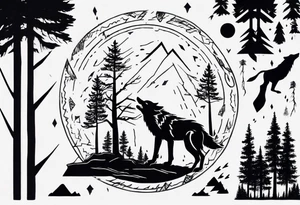 lightning over forest with wolf howling on drum tattoo idea