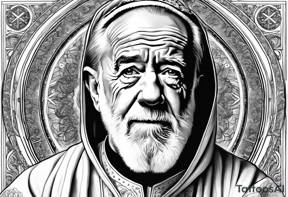 george carlin in religious clothing, full body tattoo idea