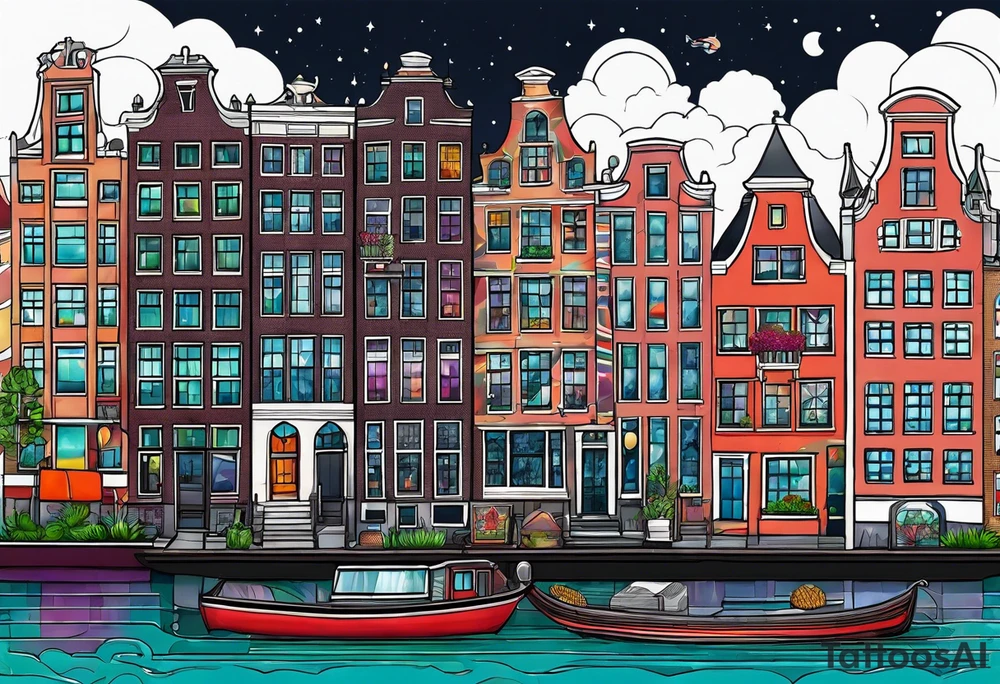 Tattoo of amsterdam buildings and canal featuring glass, animals and pineapples in galaxy colours tattoo idea