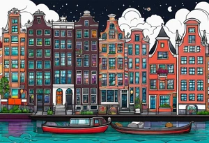 Tattoo of amsterdam buildings and canal featuring glass, animals and pineapples in galaxy colours tattoo idea