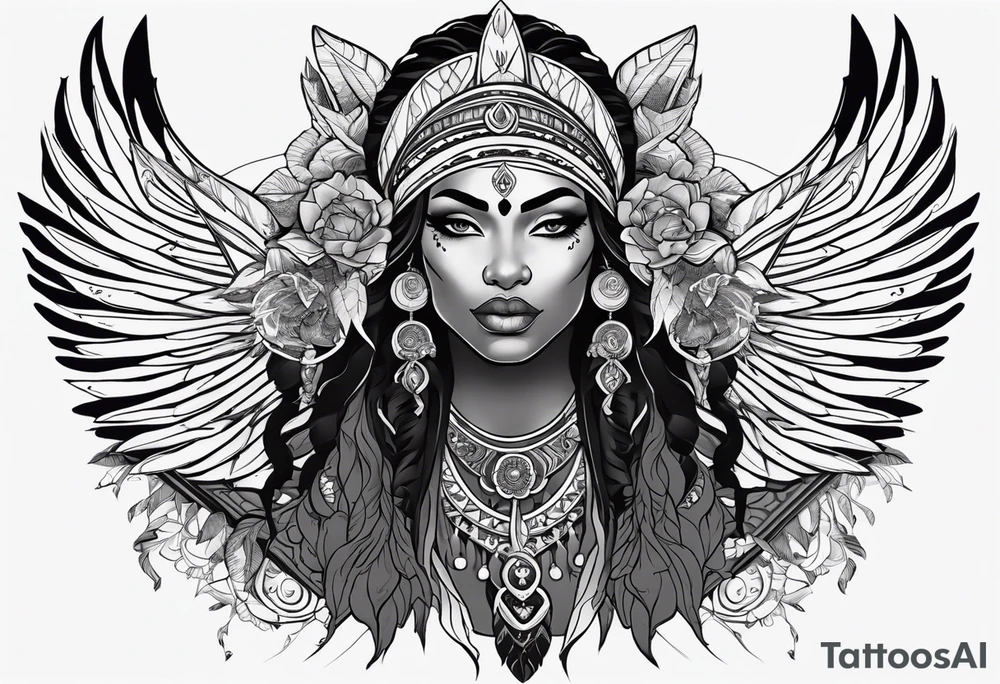 valkrye, kali, pirate, african goddess, , warrior, native american, lotus, zenza resonance, skulls, pachamama, left side face, chest, wing, tattoo idea