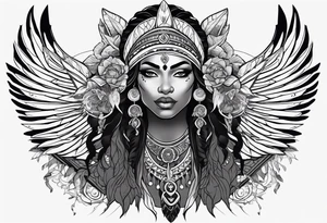 valkrye, kali, pirate, african goddess, , warrior, native american, lotus, zenza resonance, skulls, pachamama, left side face, chest, wing, tattoo idea