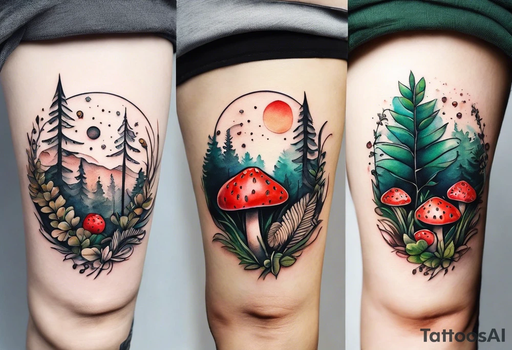 forest floor inspired minimalist tattoo, which includes grass, curly ferns and dead leaves as the bulk of the tattoo. details to include: three very tiny strawberries, a tiny bumblebee flying nearby, three small brown mushrooms tattoo idea