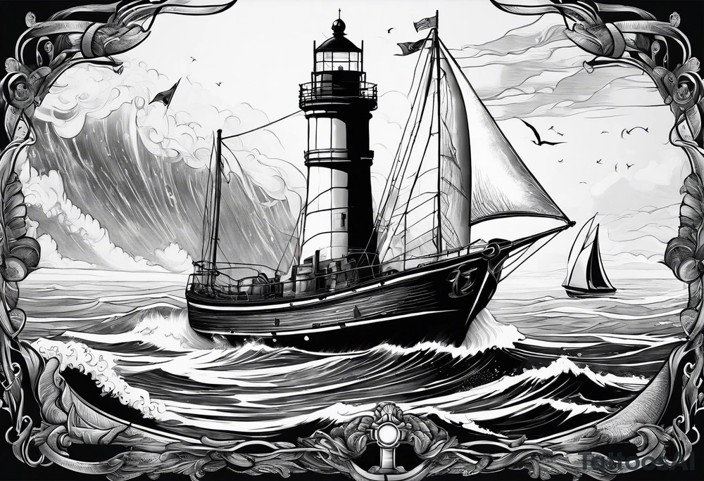 ghost marine lighthouse behind the bow of a sailboat. tattoo idea
