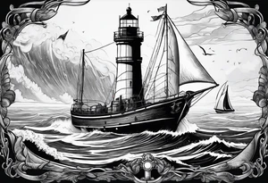 ghost marine lighthouse behind the bow of a sailboat. tattoo idea