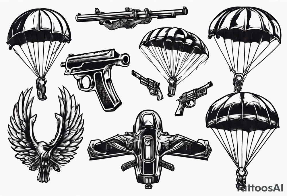 man parachute and shooting guns tattoo idea