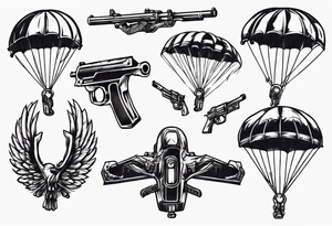 man parachute and shooting guns tattoo idea