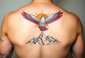 A red and white Moravian eagle with golden crown on its head  soaring above mountain peaks, with the sun rising behind it tattoo idea