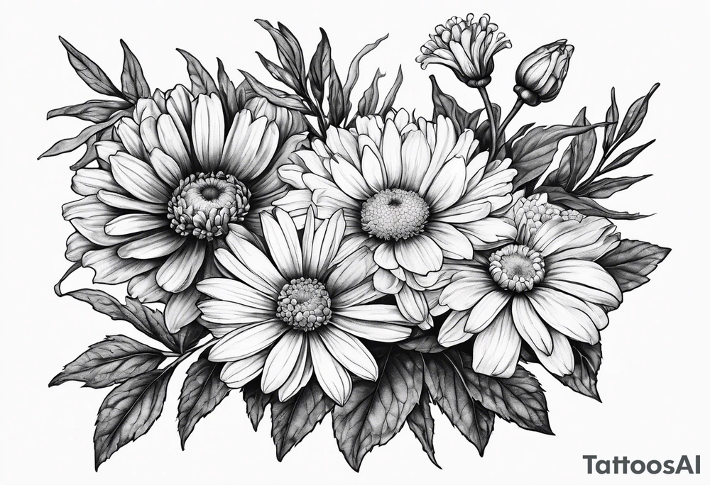 half sleeve botanical illustration of full plant aster, daisy, and carnations tattoo idea