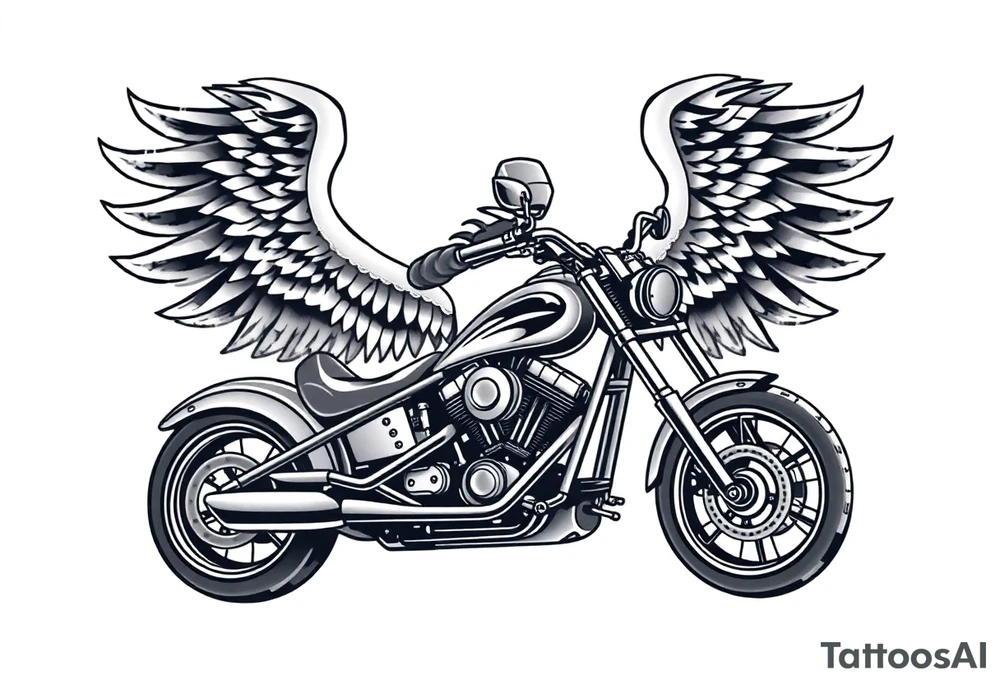 Low rider grey motorcycle, big muffler pipes with flames, angel wings, driving away, no person tattoo idea