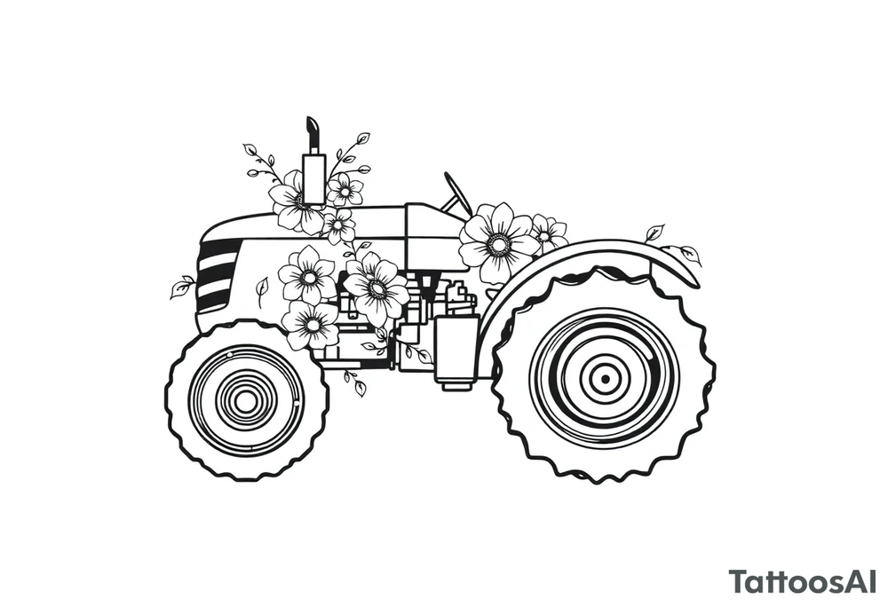 feminine tractor with flowers tattoo idea