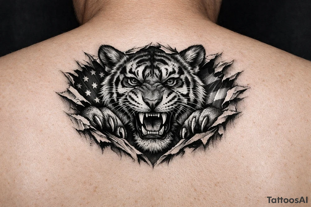 Tiger ripping throught the chest with the American Flag in the background.  Almost like the Amercian Flag is the blood of the body.  Make it bigger and add color.  The tiger should be more front.  So the ears are out from the body. tattoo idea