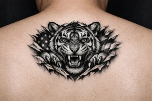 Tiger ripping throught the chest with the American Flag in the background.  Almost like the Amercian Flag is the blood of the body.  Make it bigger and add color.  The tiger should be more front.  So the ears are out from the body. tattoo idea