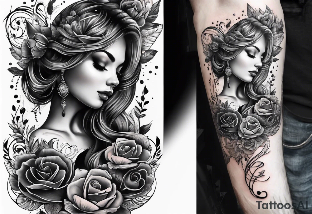 music and guitar and baby footprints tattoo idea