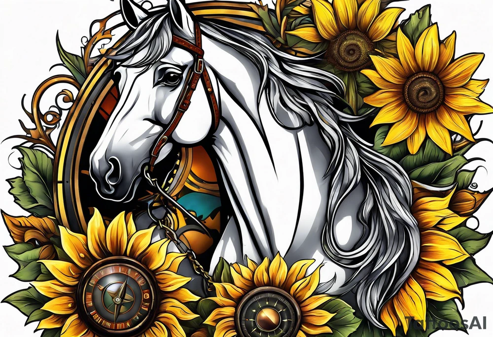 Horse, compass, sunflower tattoo idea