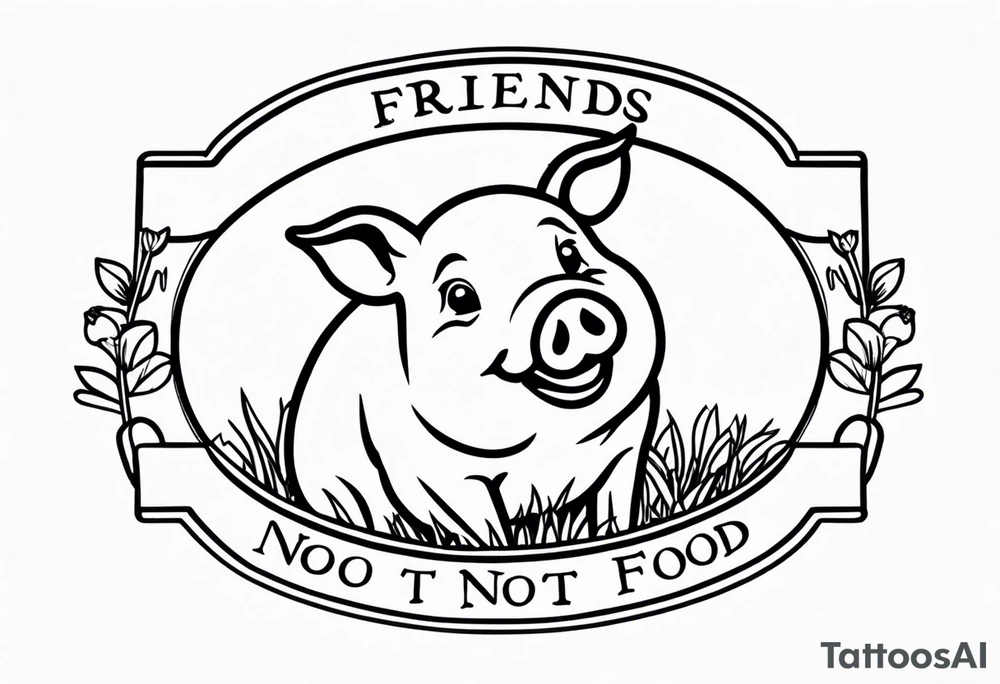 cute pig or piglet.
with text: "friends not food" 

only very thin lines. no shading. black and white only. simple outline only tattoo idea