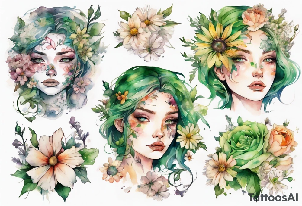 a beautiful face covered in flowers with green eyes tattoo idea